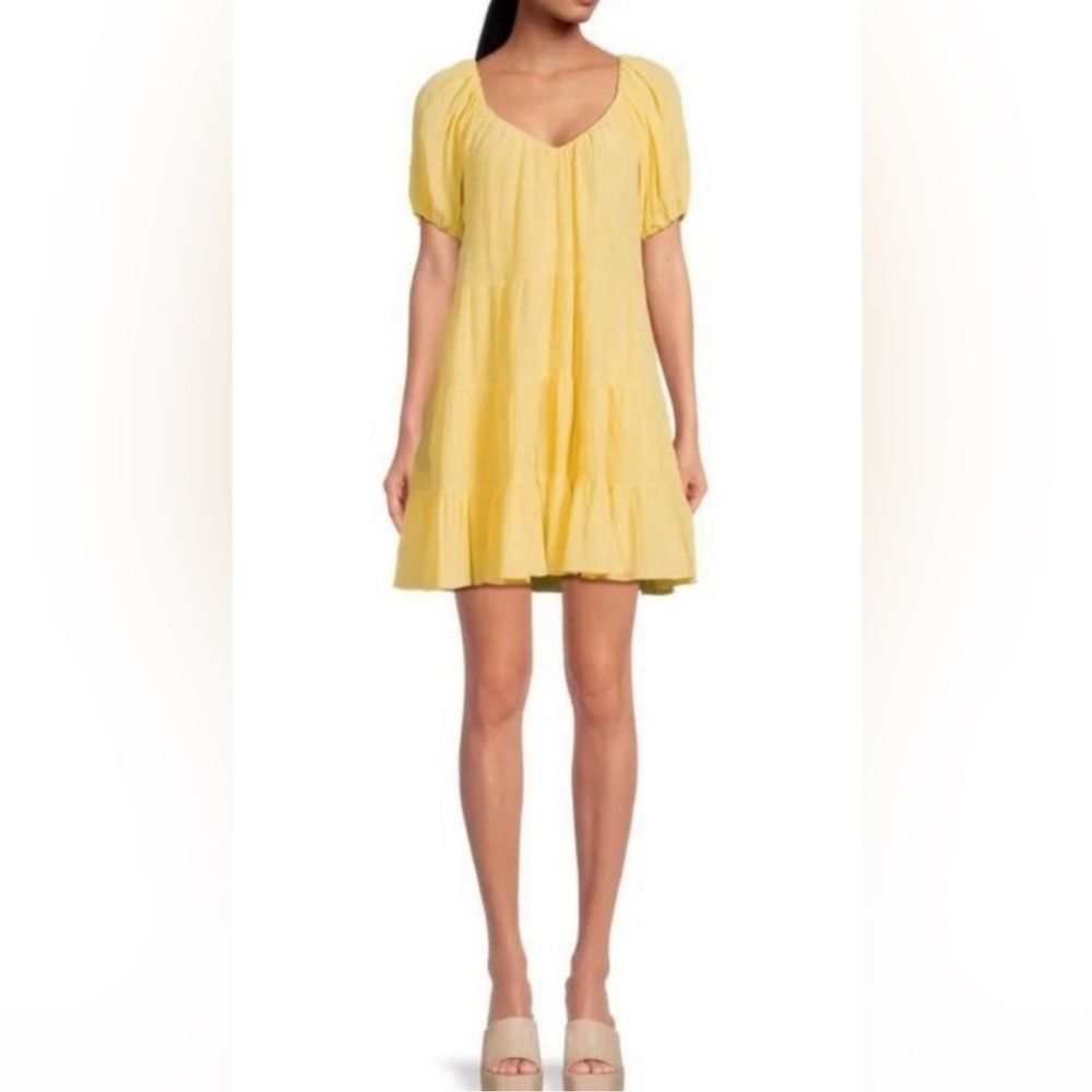 Rebecca Taylor butter yellow puffed sleeve tiered mini dress cotton/silk